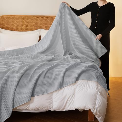100% Cotton Waffle Blanket for Bed King Size, Light Grey