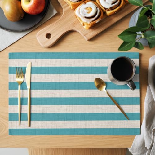 Aqua Beige Striped Placemats Set of 6, Cotton Linen Fabric Place Mats
