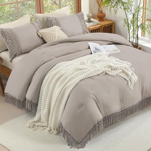 Andency Heather Grey Comforter Set Cal King, 3 Pieces Boho Tassel