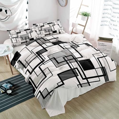 Duvet Cover Set Queen, Modern Abstract Square Stripes 3 Piece Bedding