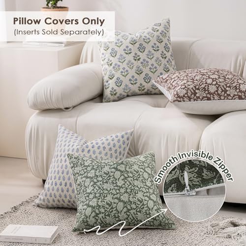 DWR Floral Throw Pillow Covers 18x18 Set of 2, Block Print Decorative