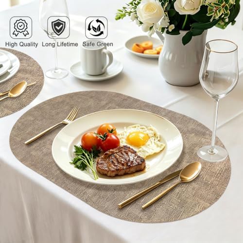 Oval Faux Leather Placemats Set of 6, Light Brown
