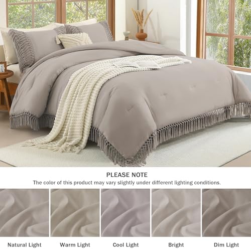 Andency Heather Grey Comforter Set Cal King, 3 Pieces Boho Tassel