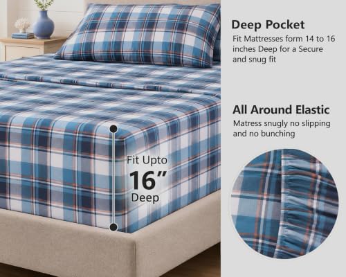 RUVANTI 100% Cotton Flannel Sheets King Size, 4 PCs Bed Sheets