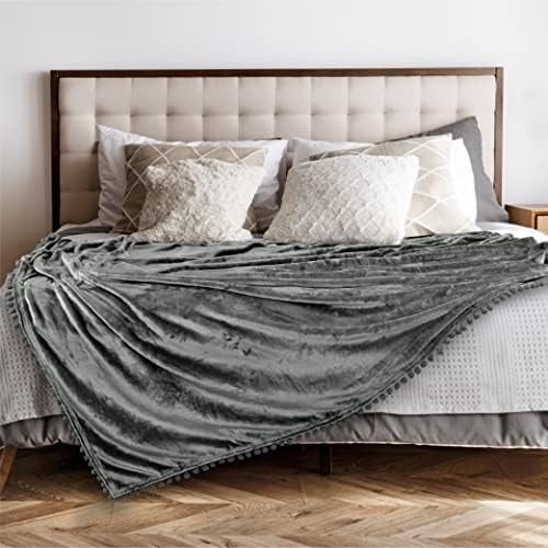 PAVILIA Fleece Throw Blanket for Couch with Pom Pom Fringe, Dark Grey