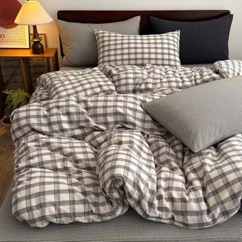 Mucalis Grey White Gingham Plaid Duvet Cover Queen 100% Washed Cotton