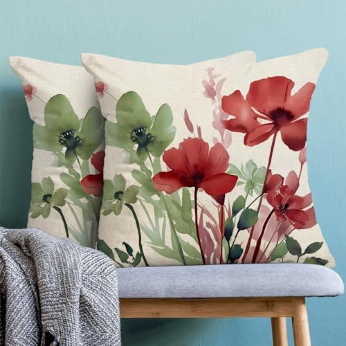 Floral Pillow Covers 18x18 Inches Set of 2 Sage Green Burgundy Red