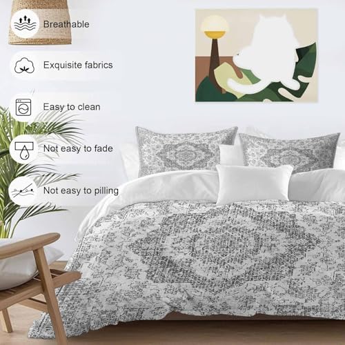 Grey Boho Bedding 3 Piece Duvet Cover Set Full Size, Middle Cuntury