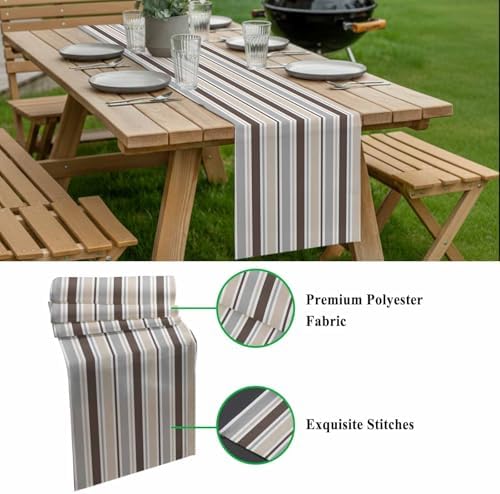 Khaki Grey Striped Table Runner 120 Inches Long for Dining Table
