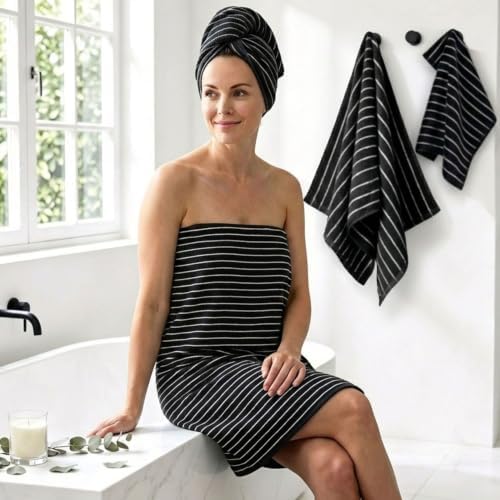 Jacquotha 8 Piece Black Towels Set for Bathroom, Striped, Cotton