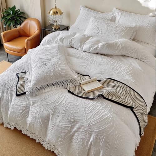 Textured Leaf Duvet Cover Set King, Fringe Trim Bedding Set White
