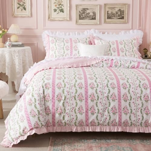 Brandream 100% Cotton Duvet Cover Set Queen, Pink Floral Rose