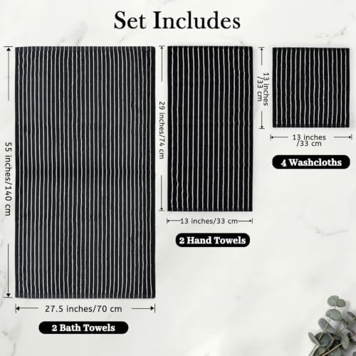 Jacquotha 8 Piece Black Towels Set for Bathroom, Striped, Cotton