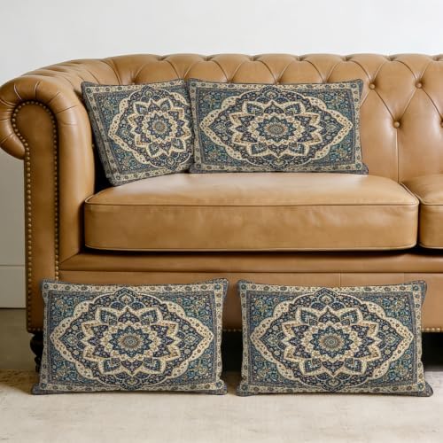 Boho Traditional Throw Pillow Covers, Navy Gold Cream Floral Pattern