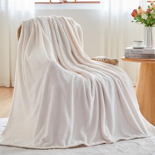 NEWCOSPLAY Fleece Leaves Pattern King Blanket, Ivory, 90"x110"