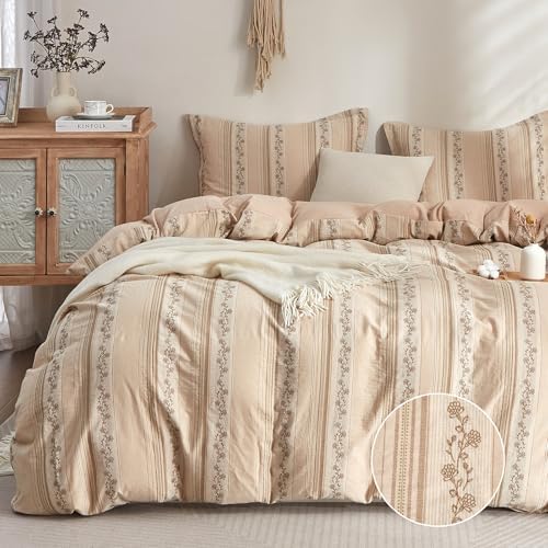 Bailix Floral Striped Duvet Cover Set Queen Size, 100% Washed Cotton