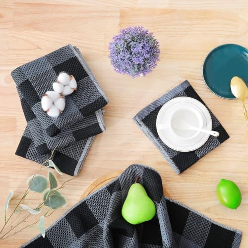 Homaxy 100% Cotton Kitchen Towels and Dishcloths Set of 16, Black &