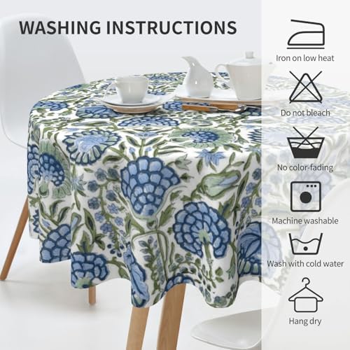 Blue Sage Green Floral Round Tablecloth 70 Inch Chinoiserie Flower