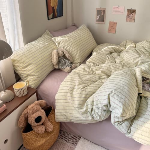 Vintage Striped Duvet Cover Queen Size 3Pcs Washed Cotton Retro