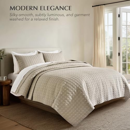 EVERGRACEHOME Cotton Sateen Windowpane Quilt Set King Size, Light