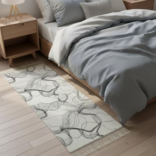 Abstract Smoky Waves Hallway Runner Rug 2'x5', Contemporary Gray White