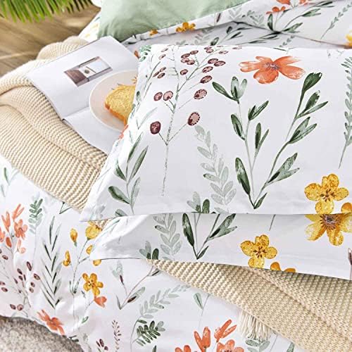 Floral Duvet Cover King Size - White Yellow Flowers and Green Leaf