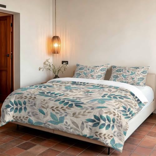 Teal Leaves Fall Duvet Cover Set 3 Pieces with Zipper Closure