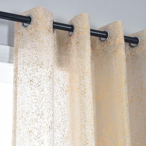 Taupe Sheer Curtains with Gold Foil Dots, Grommet, 2 Panels