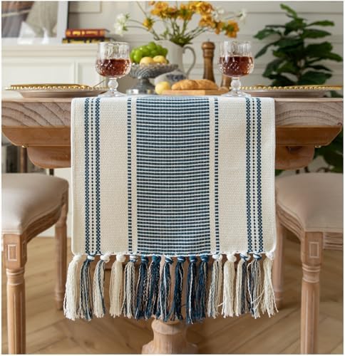 Caflife Boho Table Runner Blue and White for Modern Farmhouse