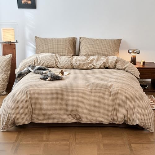 HighBuy Soft Tan & Beige Gingham Duvet Cover Twin Washed Cotton
