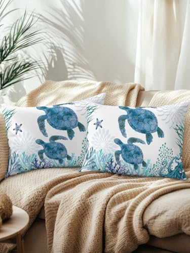 Throw Pillows 12x20 Set of 2, Ocean Blue Turtles Waterproof Outdoor