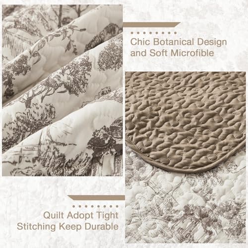 WONGS BEDDING Taupe Quilt Set Queen Size, Botanical Floral Bedspread