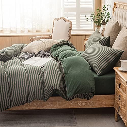 PURE ERA Jersey Duvet Cover Set Heather Forest Green Stripe California