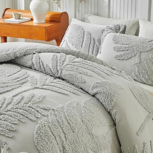 Grey Full Duvet Cover Set, Boho Tufted Palm Leaf Bedding, Soft