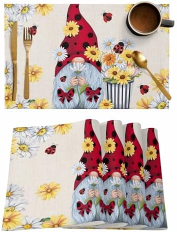 Placemats Set of 8, Beige Gnomes Daisy Woven Placemat, Linen Place