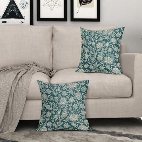 Teal Vintage Floral Pillow Covers 20x20 Inch Set of 2 Neutral Flower