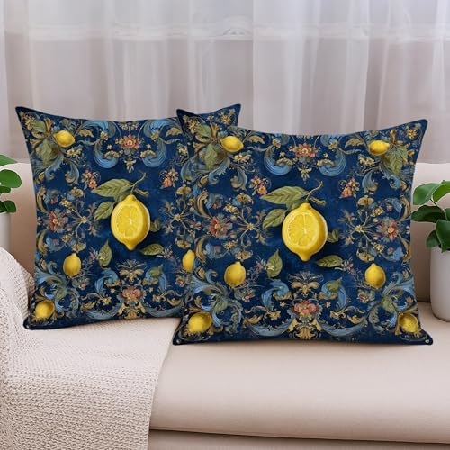 Lemon Floral Pillow Covers Set of 2, Navy Blue Vintage Lemonade