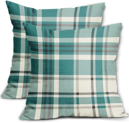 Teal Plaid Pillow Covers 22x22 Set of 2 Christmas Buffalo Checkered