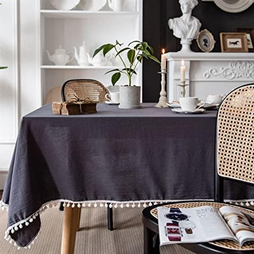 Linen Cotton Fabric Table Cloth with Pompons for Retangular Square