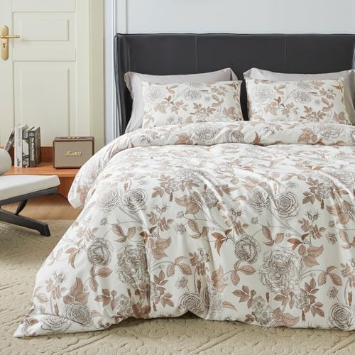YuHeGuoJi Taupe Floral Duvet Cover Queen 100% Egyptian Cotton 3 Pcs