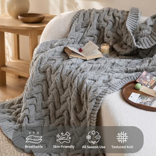Cable Knit Throw Blanket, Soft Acrylic, Light Grey, 50x60