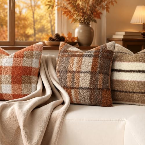 decorUhome Faux Fur Plaid Throw Pillow Covers 22X22 Set of 2 Burnt