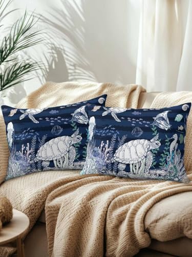 Throw Pillows 12x20 Set of 2, Navy Blue Turtle Coastal Waterproof