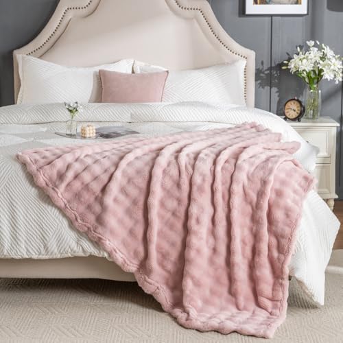 Faux Fur Bed Blankets King Size Pink, Soft Fluffy Bubble Blanket for