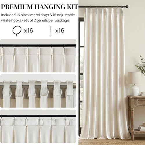 Ivory Velvet Pinch Pleated Curtains: Cream 108 Inch Long 2 Panels