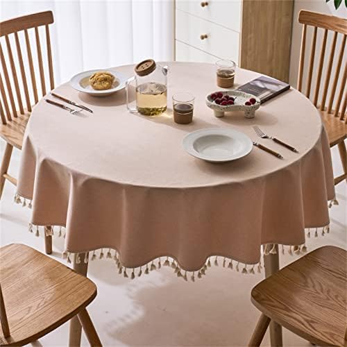 Dimatic Linen Textured Round Tablecloth with Tassel - Waterproof Spill