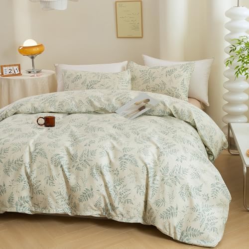 ECOCOTT 3 Pieces Duvet Cover Set with Vintage Green Leaves Pattern