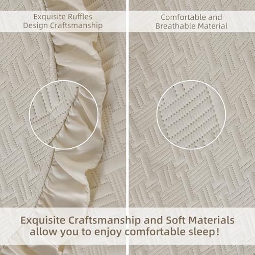 DJY King Size Quilt Bedding Sets, Beige Ruffled Bedspread Coverlet