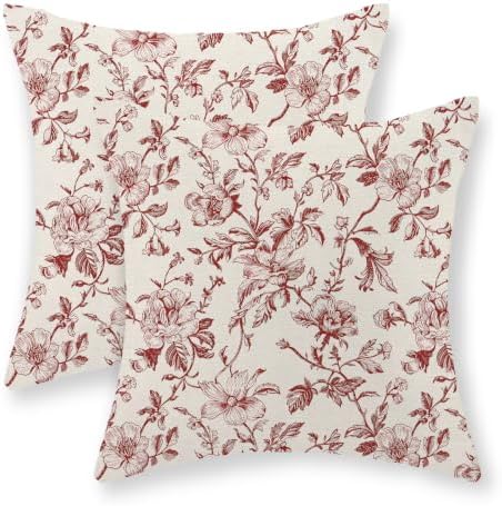 Red Vintage Floral Pillow Covers 18x18 Inch 2 Pcs Christmas Red Cream