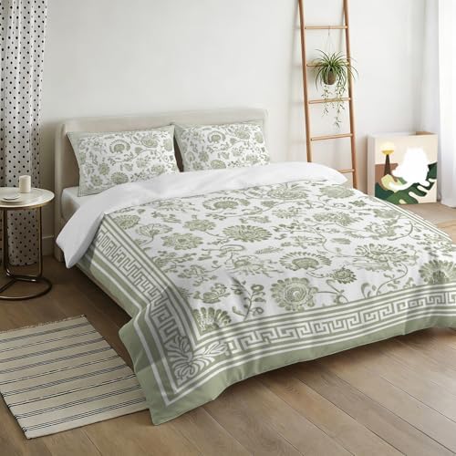 3 Pieces Bedding Set Queen Size, Sage Green Floral Soft Duvet Covers